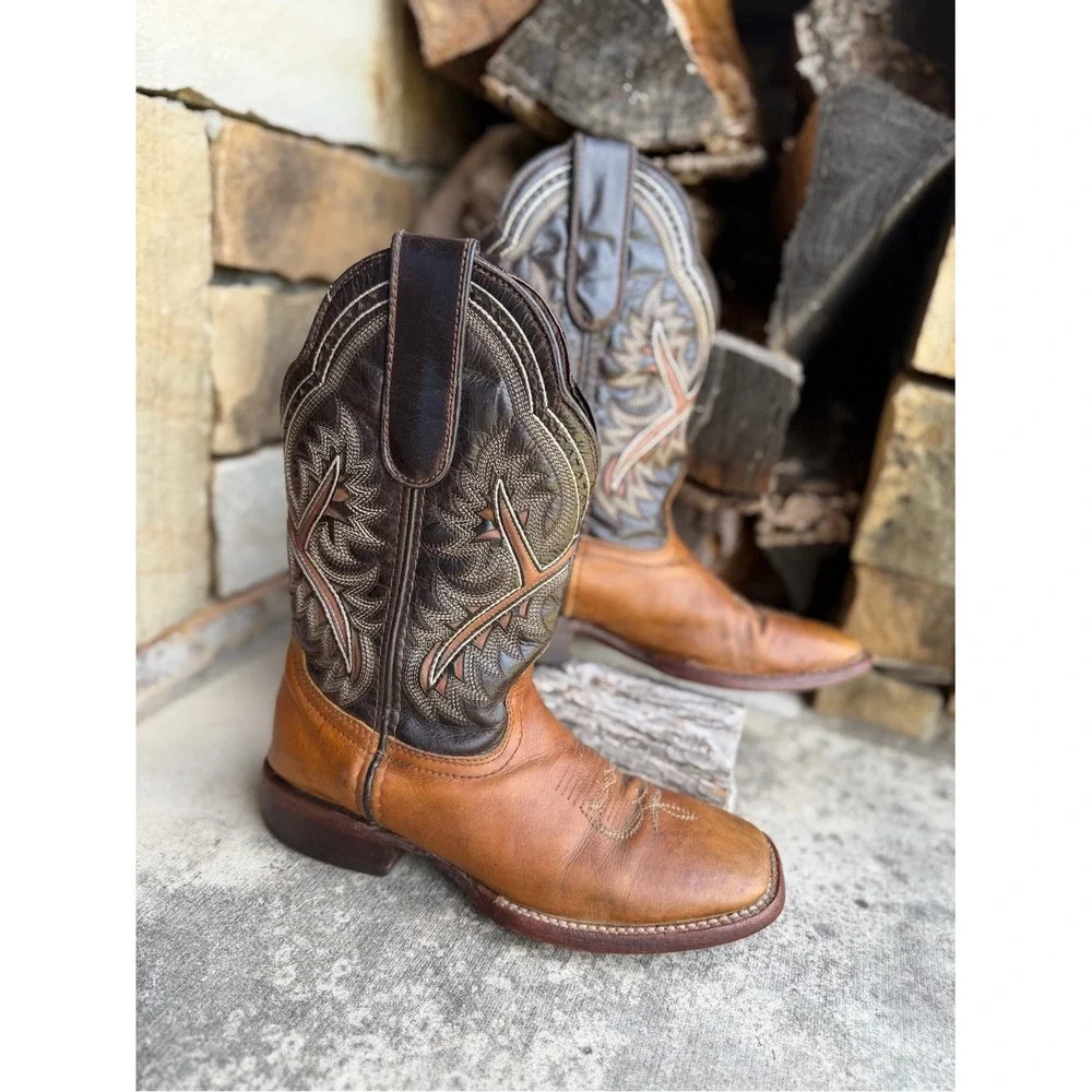 Texas Country Youth Brown Leather Western Cowboy Boots Sz-5.  Y